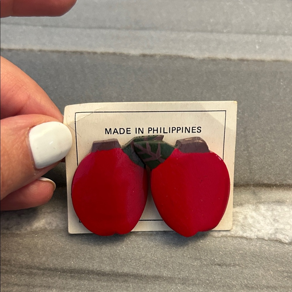 #13-Red Apple Handmade Wooden Earrings